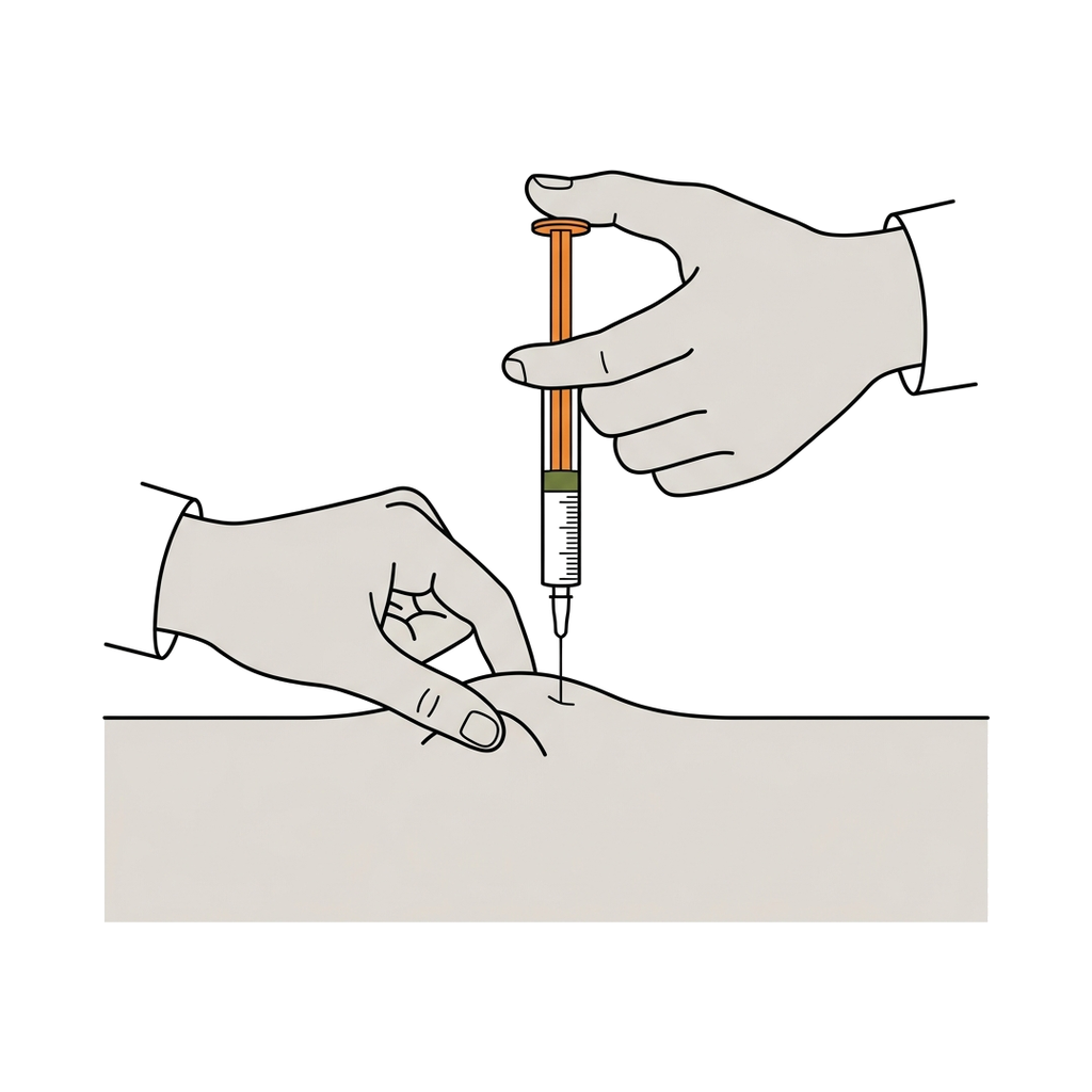 Drawing of the pre-filled syringe going into a pinch of skin