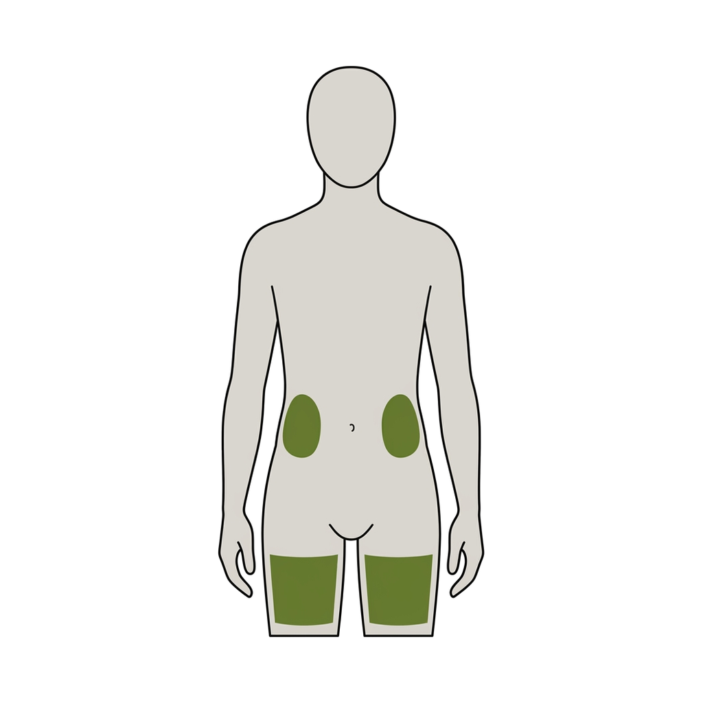 Drawing of injection sites on the tummy and thigh