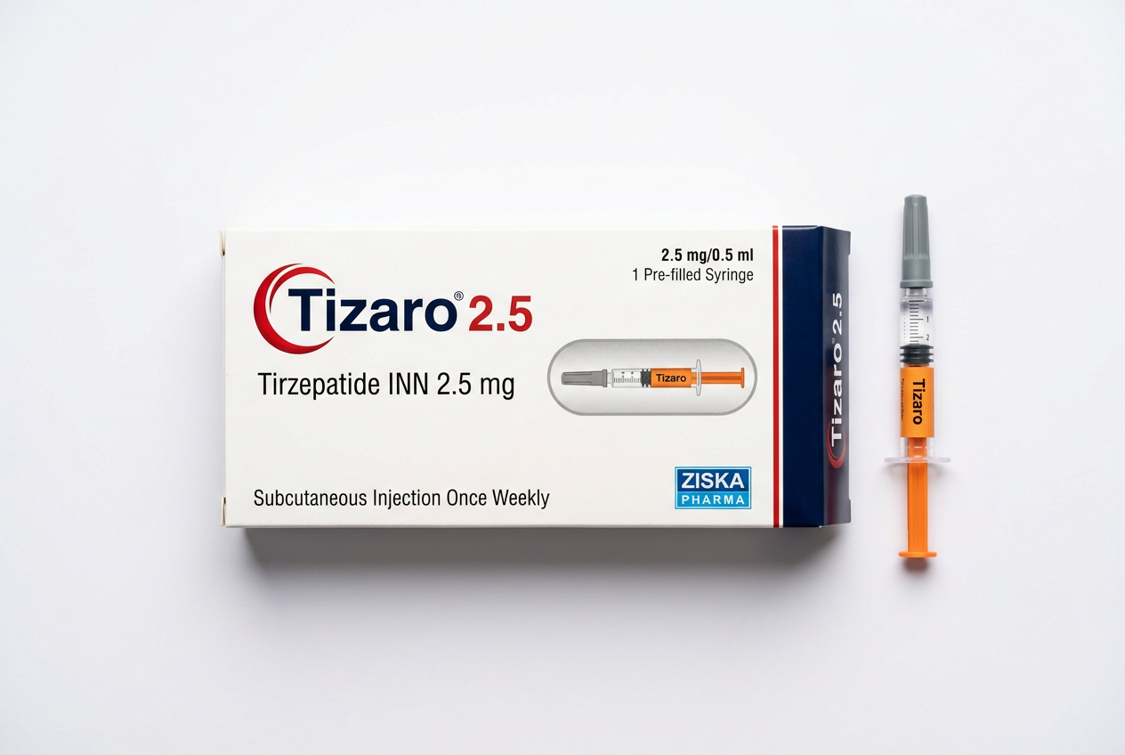 Second Cure unboxing — Tizaro 2.5 medication box, pre-filled syringe, patient information leaflet, alcohol wipes, Second Cure injection-steps card, and Second Cure branded kraft delivery box