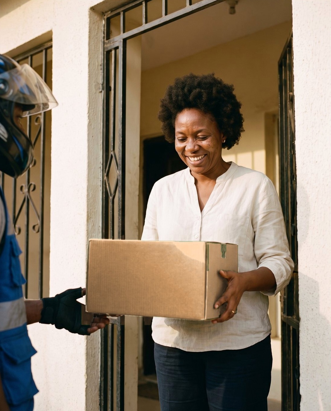 A woman smiling as she receives a cardboard box at her door