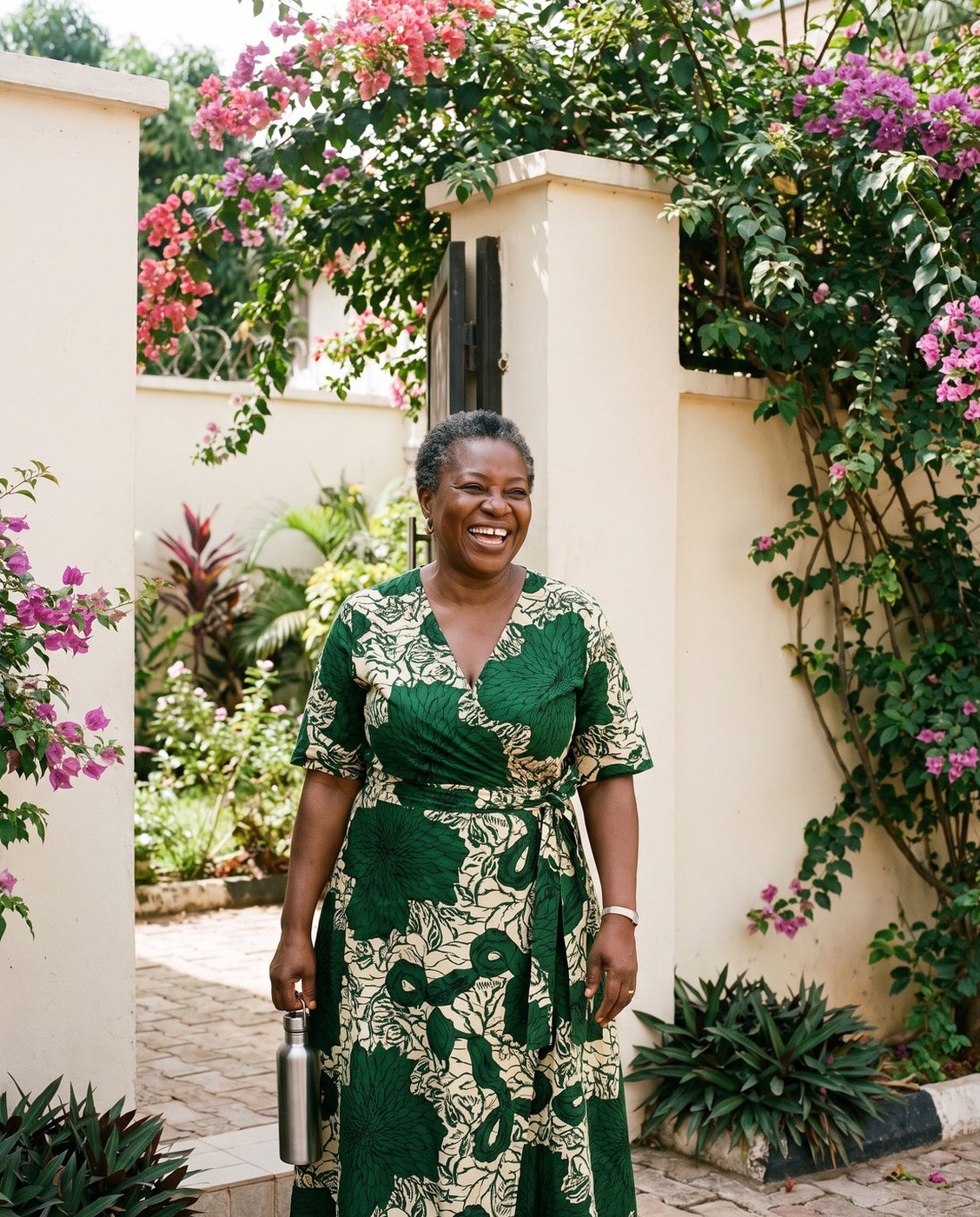 A laughing woman in a green wrap dress in her garden