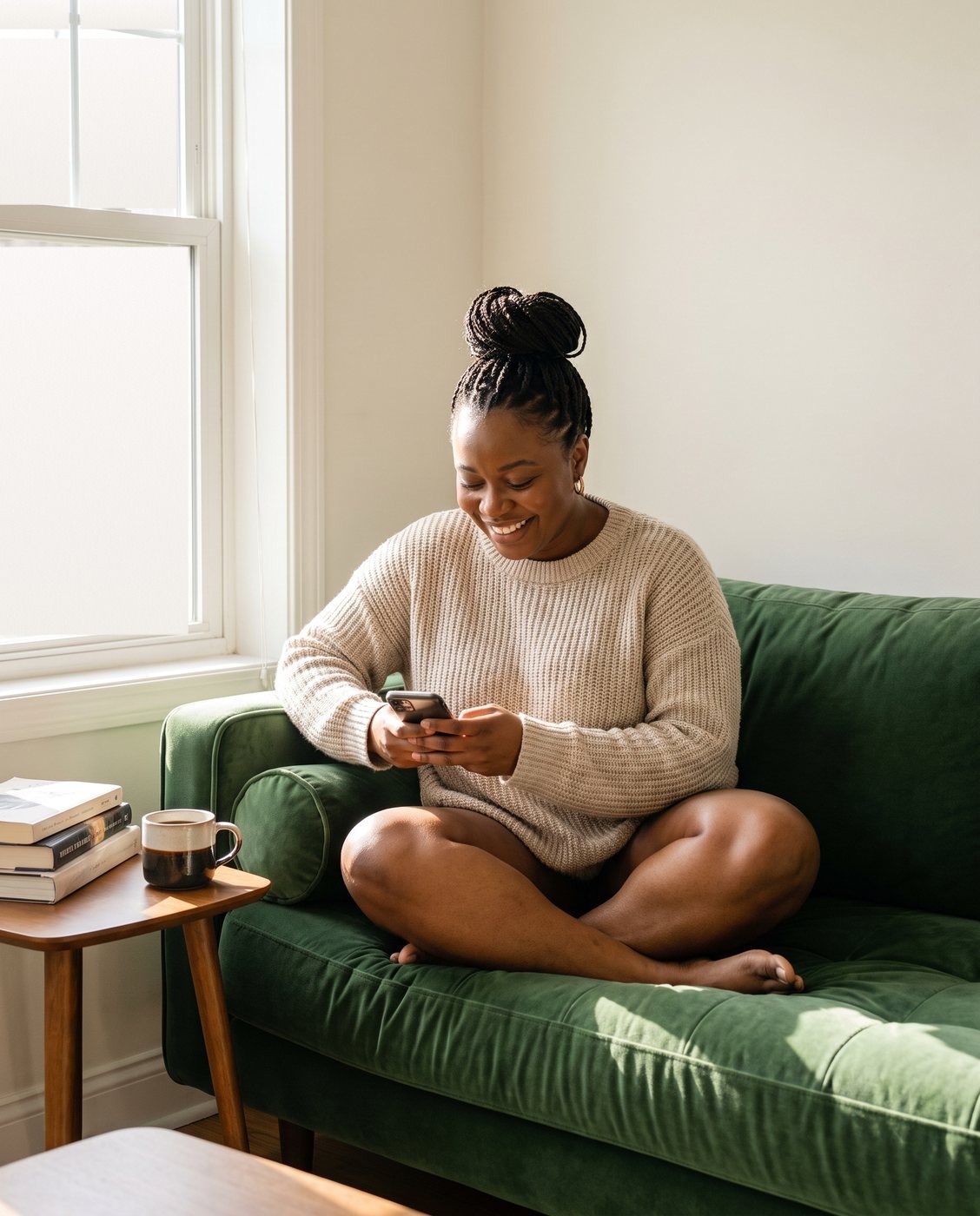 A woman on a green sofa smiling at her phone